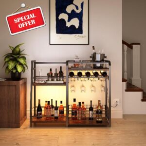 Bar Rack with Led Lights 4 Rows of Wine Glass Storage Wine Cabinet with Anti-Fall Beam Design Wooden Brown Countertop 29 Inches High Small Wine Cabinet Suitable for Family Kitchen Restaurant