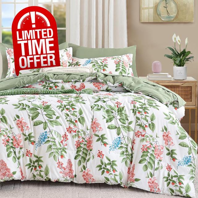 Green Comforter Set Queen Size Floral 7-Piece Bedding Set