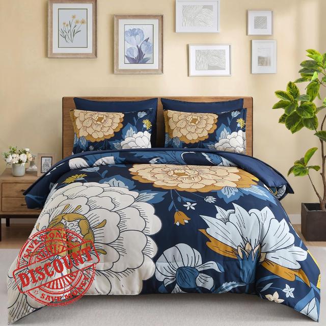 DJY Floral Comforter Set Queen Size Navy Bed in a Bag - 7 Piece Blue Flower Boho Comforter with Sheet Set