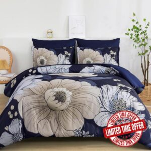 Xruibed Navy Blue Floral Comforter Set King Size 7 Pieces Bed in a Bag Navy Floral Comforter Flower Bedding Sets Lightweight Boho Bed Set with Sheet