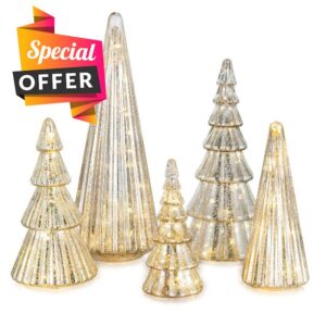Glasseam Glass Christmas Tree Silver: 5 Pcs Mercury Glass Christmas Decorations Indoor Tabletop Xmas Led Lighted Trees with Timer for Table Centerpieces Fireplace Living Room Home Deco