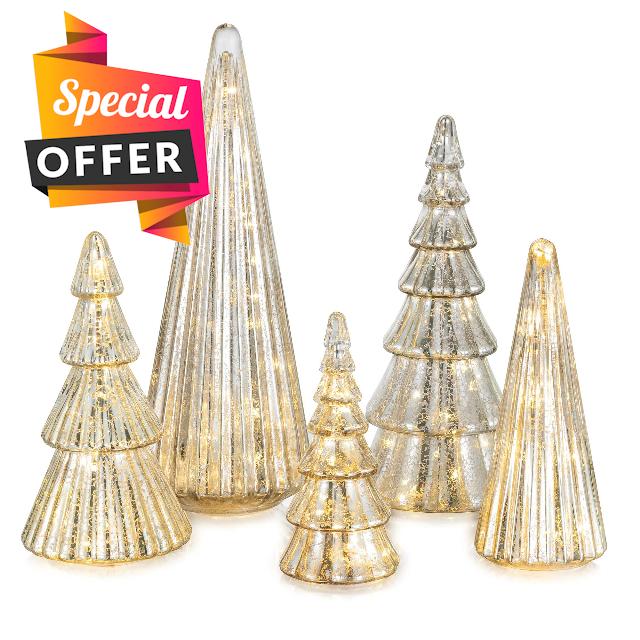 Glasseam Glass Christmas Tree Silver: 5 Pcs Mercury Glass Christmas Decorations Indoor Tabletop Xmas Led Lighted Trees with Timer for Table Centerpieces Fireplace Living Room Home Deco