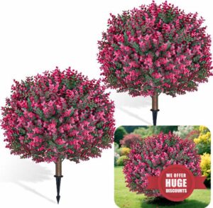 Artificial Boxwood Topiary Ball with Flower Set of 2 25.5 Inch Hot Pink UV Resistant Artificial Shrub Bushes with Ground Spike Fake Evergreen Tree Artificial Plants for Indoor Outdoor Planters