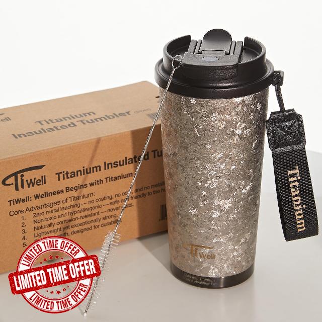Titanium Coffee Tumbler – 17oz Travel Insulated Coffee Mug with Lid and Straw