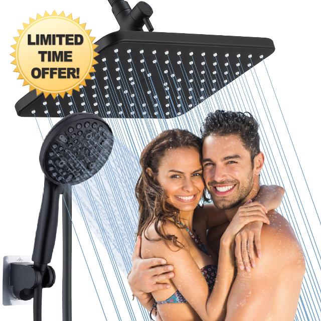 High Pressure Rain Shower Head-12”Rainfall Shower Heads with Handheld Spray Combo-Fixed Showerhead and 10 Sprays Handheld Shower Head with Power Jets for Bathroom Matte Black