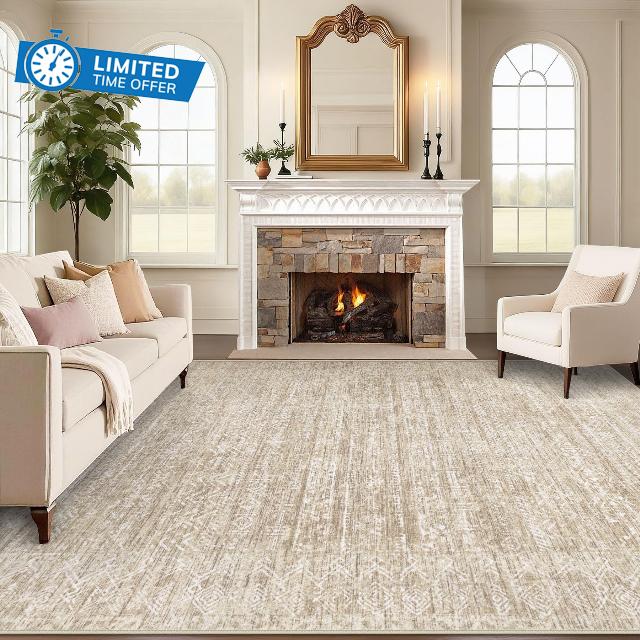 Washable Rug 8x10 Area Rugs: Modern Geometric Rugs for Living Room Non Slip Soft Low Pile Moroccan Indoor Carpet for Bedroom Nursery Dining Room Home Office (Beige