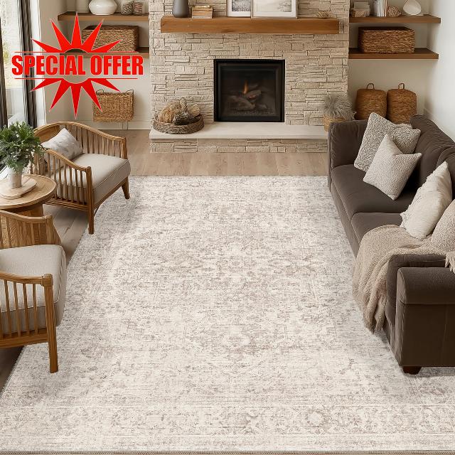 Fmfunctex 8x10 Washable Area Rug Beige Vintage Neutral Distressed Oriental Large Non Slip Carpet for Living Room Bedroom Soft Low Pile Indoor Mat Retro Throw Rug for Dining Room Kitchen Office Nursery
