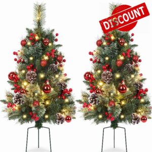Set of 2 Outdoor Pathway Christmas Trees with Lights