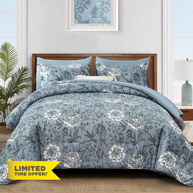 Yiran Queen Size Comforter Set 7 Piece Bed in a Bag Blue Floral Botanical Soft Microfiber Bedding Set Comforter for All Season Bed Set 90"×90"