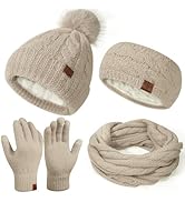 Womens Beanie Hat Infinity Scarf Touchscreen Gloves Fleece Headband 4 in 1 Winter Set, Skiing Hat...