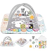 Baby Play Mat Activity Gym with Tummy Time Pillow, 6 Developmental Zones Tummy Time Mat, 6 Detach...
