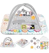 Baby Play Mat Activity Gym with Tummy Time Pillow, 6 Developmental Zones Tummy Time Mat, 6 Detach...