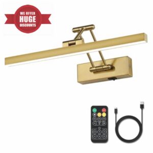 Rechargeable Lights for Pictures on Wall Battery Operated Brass 15.7 Inch Wall Lights with Swing Arm and Timer Function Cordless Art Light with Remote Timer for Paintings