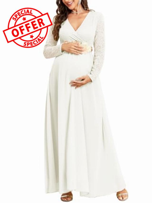 CYCLAMEN Maternity Dress Flowy A-Line Wrap Gown with Floral Lace and Contrast Chiffon Long Sleeve V Neck for Baby Showe