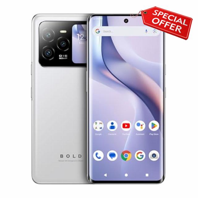 BLU Bold N4 5G | Unlocked | 6.78” Curved Display + 1.74” Rear Display | 50MP + 16MP Selfie | 512/8GB I NFC I Android 15 | US Version | US Warranty | White