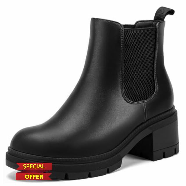 Wide Width Chelsea Ankle Boots for Women 2.6 Inch Low Chunky Block Heel Lug Sole Slip on Elastic Booties