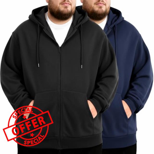 2 Pcs Men's Big and Tall Lightweight Fleece Full-zip Hoodie Jacket Loose Fit Sweatshirt Jacket with Pocke