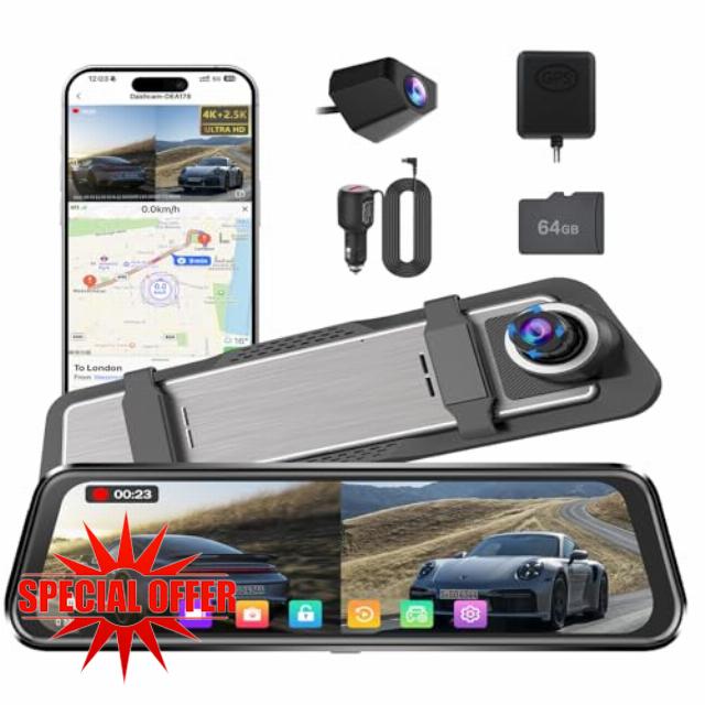 4K + 2.5K Mirror Dash Cam Front and Rear 10" Rearview Mirror Camera for Cars