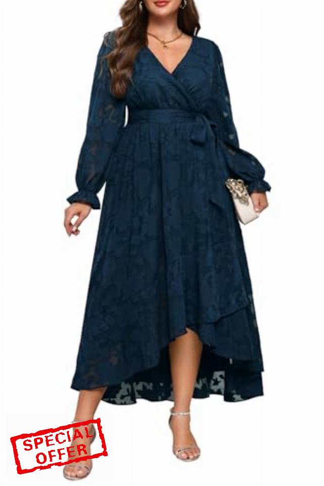 Plus Size Dresses Wedding Guest - Fall Semi Formal Floral Long Sleeve Wrap V Neck High Low Maxi Dress with Belt Wome