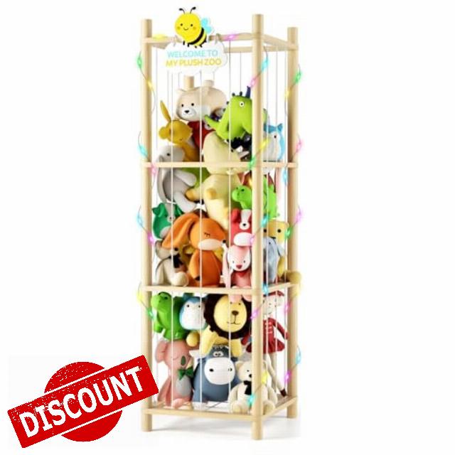 Stuffed Animal Storage Zoo Organizer Natural Pine Plushies Storage with Elastic Bands Vertical Wood Toy Holder Mesh Net Space Saving Design for Playroom Nursery Kids Bedroom