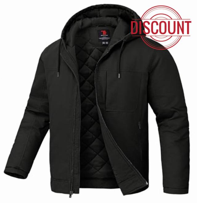 TBMPOY Men's Winter Work Jackets Hooded Quilted Lined Workwear Utility 4 Pockets Cotton warm Active Coats