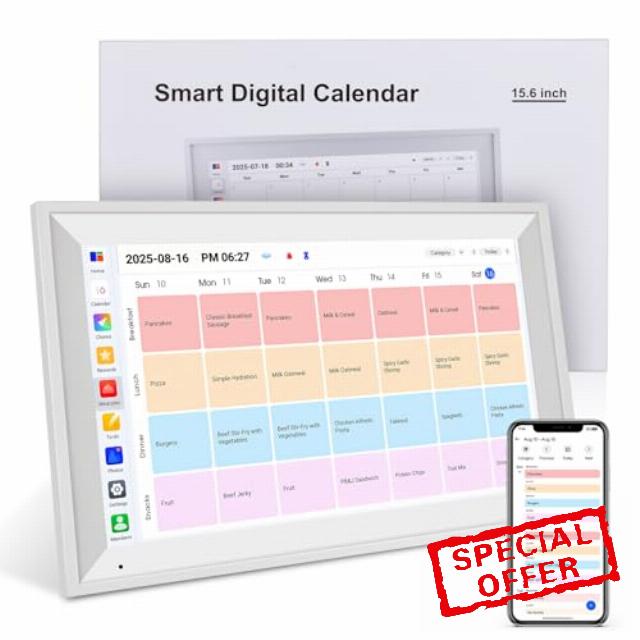 15.6 Inch Smart Digital Calendar 1080P Full HD Planner Digital Picture Frames Interactive Touchscreen Display Family Planner Stand Wall Mount White