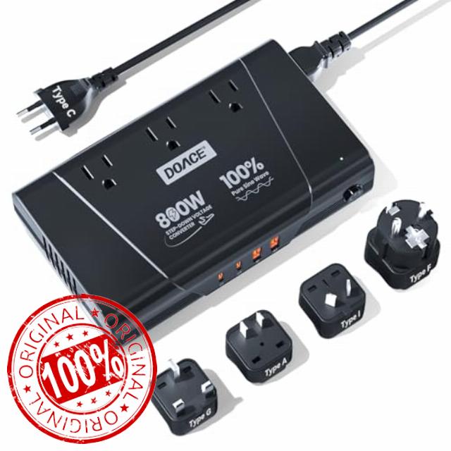 DOACE 800W Pure Sine Wave Voltage Converter US to Europe- 220V to 110V Converter for European Travel
