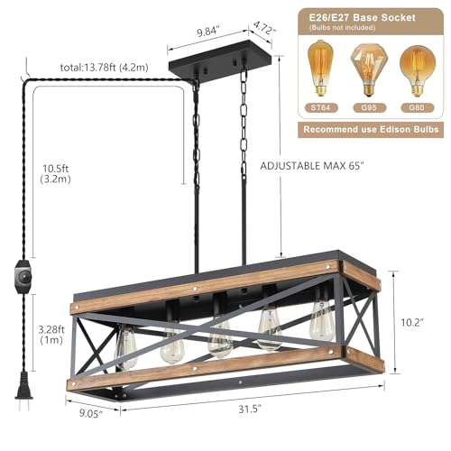 Oak Wood and Metal Linear Chandelier for Dining Room Home