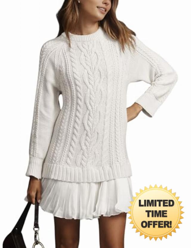 Women Cable Knit Sweater Dress Crewneck Long Sleeve Pleated Mini Dress Twofer Style Patchwork Dress