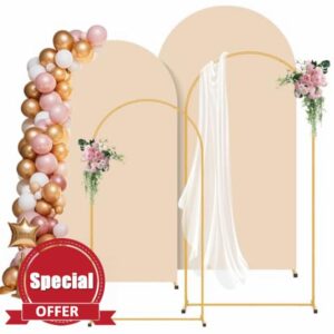 Arch Backdrop Stand and Cover Set (6FT+7.2FT) 2Pcs Metal Arch Backdrop Stand with Beige Cover for Birthday Party Wedding Ceremonry Celebration Deco