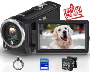 2.7K Video Camera Camcorder QHD 50MP YouTube Vlogging Camera Webcam 16X Digital Zoom with 32G SD Card 270 Degree Rotation Screen Camcorders and 2 Batteries Recording While Charging