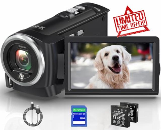 2.7K Video Camera Camcorder QHD 50MP YouTube Vlogging Camera Webcam 16X Digital Zoom with 32G SD Card 270 Degree Rotation Screen Camcorders and 2 Batteries Recording While Charging