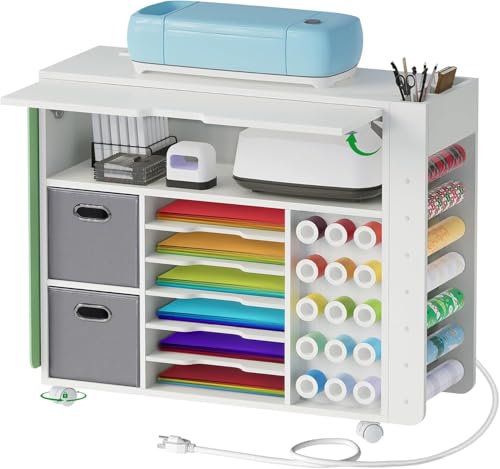 Rolling Craft Organizer with Extendable Desktop and Power Outlet