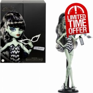 Monster High x Barbie Frankie Stein Doll with Original Barbie-Inspired Swimsuit and Solo in The Spotlight Black Evening Dress and Accessories