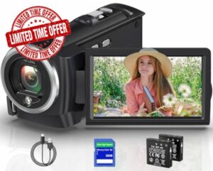 2.7K Video Camera Camcorder QHD 50MP YouTube Vlogging Camera 16X Digital Zoom Webcam 270 Degree Rotation Screen Camcorders with 32G SD Card and 2 Batteries Recording While Charging