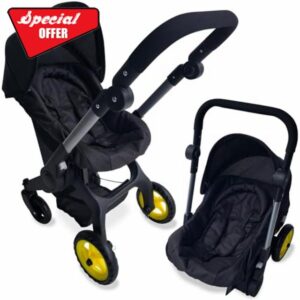 Baby Doll Car Seat Stroller Combo – Convertible 2 in 1 Doll Stroller and Car Seat for Kids – Fits Up to 20” Dolls – Play Toy Baby Stroller with Adjustable Handle for Girls Toddlers All Ages (Black)