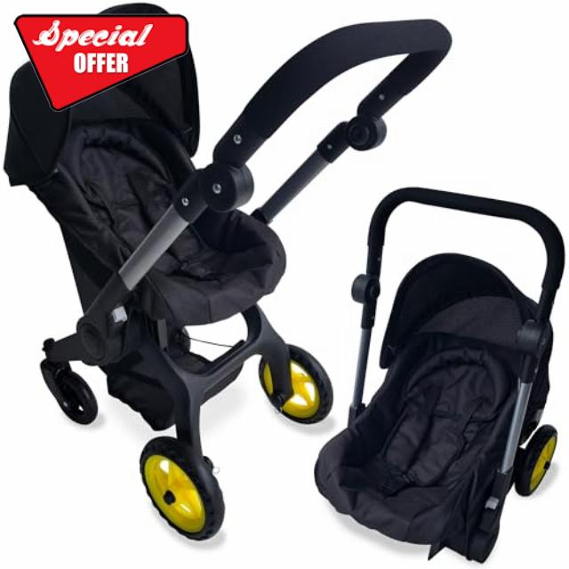 Baby Doll Car Seat Stroller Combo – Convertible 2 in 1 Doll Stroller and Car Seat for Kids – Fits Up to 20” Dolls – Play Toy Baby Stroller with Adjustable Handle for Girls Toddlers All Ages (Black)