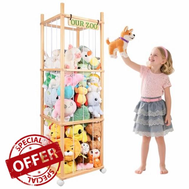 Stuffed Animal Storage with Wheels Wooden Stuffed Animal Holder 54" Stuffed Animal Organizer Space Saving Plushies Storage with Elastic Band Large Capacity Stuffy Storage for Playroom Bedroom