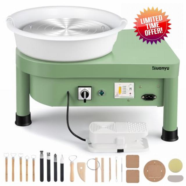 Huanyu Pottery Wheel Machine with 12" Bat System Foot Pedal Control Multiple Art DIY Sculpting Tool Kit Ceramic Wheel Clay Machine for Adult (Green)