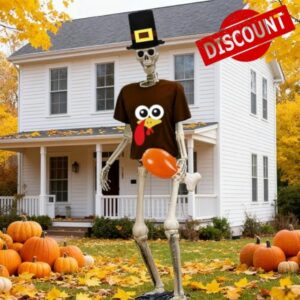 UMEELR Pilgrim 12ft Giant Sized Skeleton T-Shirt & Hat Set with Inflatable Turkey Leg for Halloween Outdoor Decor - Thanksgiving Lawn Decoration (Skeleton Not Included)