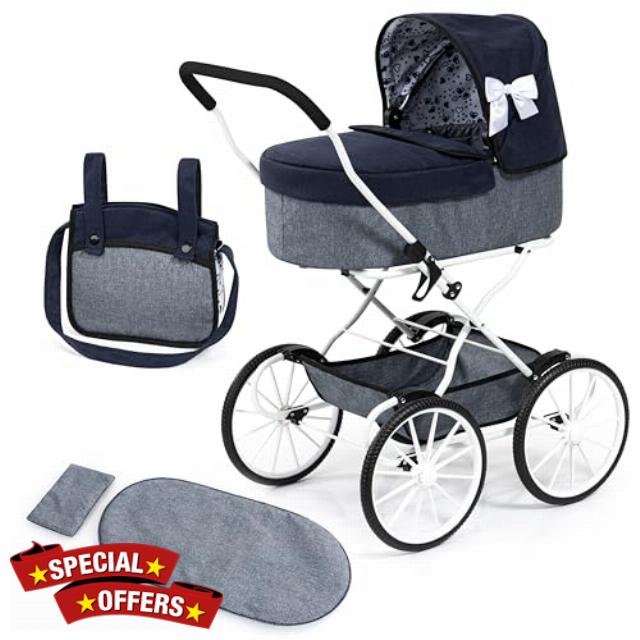Bayer Design: Doll Pram Classic - Navy-Grey-Hearts - Bassinet Push Stroller