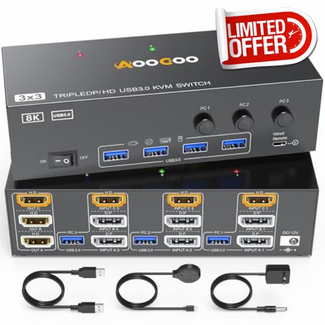 8K HDMI DP KVM Switch 3 Monitors 3 Computers