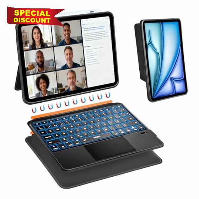 WIWU for iPad Keyboard Case 11 Inch A16 11th /10th Gen 3 in 1 Magnetic Detachable Case Keyboard Adjustable Stand Backlit Keys with Touchpad (Black
