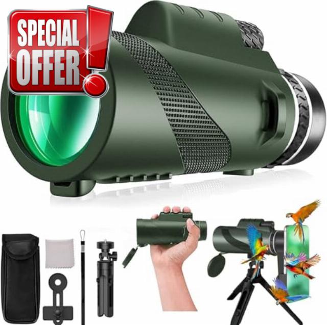 Monocular-Telescope 80x100 High Powered Monoculars High Definition for Adults High Powered with Smartphone Adapter Telescope Hunting Wildlife Bird Watching Travel Camping Hiking-Dark Gree