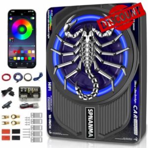 Upgraded 1600W Slim Underseat Car Subwoofer and Amp Package with RGB Beat-Synced Light