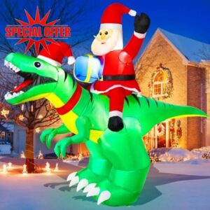 9x7FT Christmas Inflatables Santa Ride on Dinosaur with LED Outdoor Christmas Dinosaur Inflatable Blow Up Yard Decorations with Sandbags Stakes Strings for Garden Deco