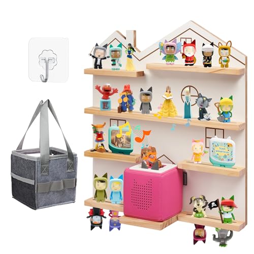 for Toniesbox 2/1 Tonie Shelf Wall Mounted Magnetic Pine Wooden Floating Shelves Compatible with Tonie Box Player Tonie Figures Storage(White)