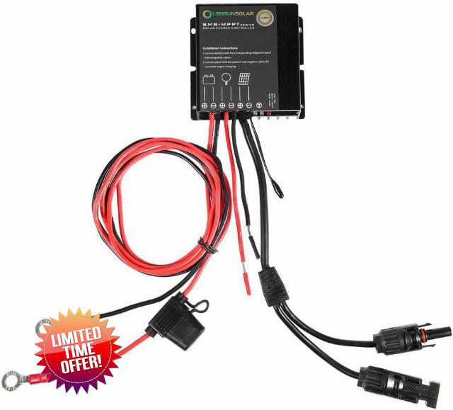 LensunSolar Waterproof 10A MPPT 12V Bluetooth Solar Charge Controller Regulator with Battery Alligator Clips and Standard Solar Connectors for Lithium LiFePO4 AGM Gel Lead-Acid Batteries 12 Volt Black