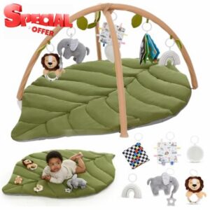 Baby Play Mat & Activity Gym - Tummy Time Mat with 6 Detachable Baby Toys | Oversized Leaf Modern Design Baby Play Gym | Perfect Baby Shower Gifts/Baby Must Haves - Developmental Activities for Baby