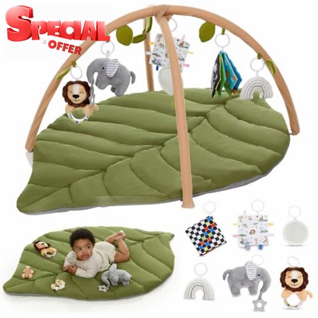 Baby Play Mat & Activity Gym - Tummy Time Mat with 6 Detachable Baby Toys | Oversized Leaf Modern Design Baby Play Gym | Perfect Baby Shower Gifts/Baby Must Haves - Developmental Activities for Baby